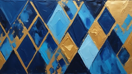 Abstract geometric diamond cut Oil Painting Palette Knife Technique, blue, grey, and gold colors