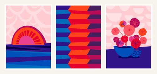 Set of vector illustrations, vibrant colors, graphic design, wall art, sun set, flowers, stripes, poster, postcards, invitations, vintage, scandinavian