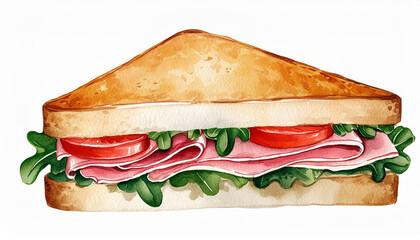 Watercolor illustration of sandwich with ham. Tasty fast food. Delicious meal. Hand drawn art