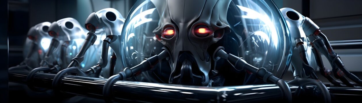 Ominous Cybernetic Extraterrestrial Experiment in Futuristic Science Laboratory with Wired Cyborg