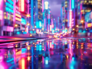 A closeup shot of brushed chrome with a flawless, mirrorlike finish reflecting a cityscape bathed in neon lights
