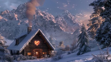 A cozy cabin nestled in snowy mountains, smoke curling from the chimney, with a heart carved into the tree outside 