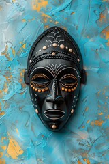 Decorative black wooden ceremonial African mask on a blue wall background. Culture and heritage from Africa (Vertical photo 2:3)