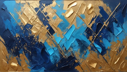 Abstract geometric Oil Painting Palette Knife Technique, blue, grey, and gold colors