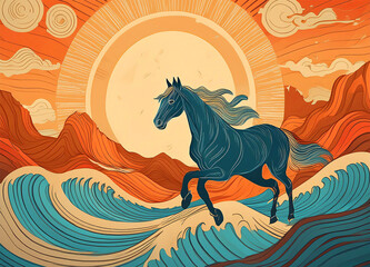 Illustration of a horse on a mountain with the sun and mountain ,sea,sky chinese style