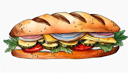 Watercolor illustration of sandwich with meat, vegetables, pickles and cheese. Tasty fast food.