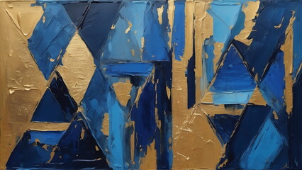 Abstract geometric Oil Painting Palette Knife Technique, blue, grey, and gold colors