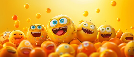 Emoji Extravaganza: 3D Rendered Expressions of Joy and Humor, Digital Art Emoticons on Yellow