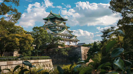Majestic Osaka Castle towering amidst lush greenery under a blue sky, symbolizes history and architecture - obrazy, fototapety, plakaty