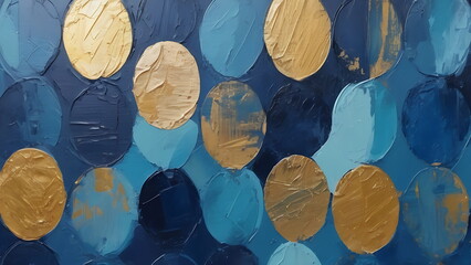 Abstract circle Oil Painting Palette Knife Technique, blue, grey, and gold colors