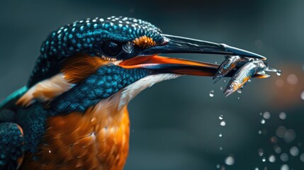 close-up of a kingfisher bird's beak filled with tiny fish, showcasing its efficient hunting technique and specialized anatomy.