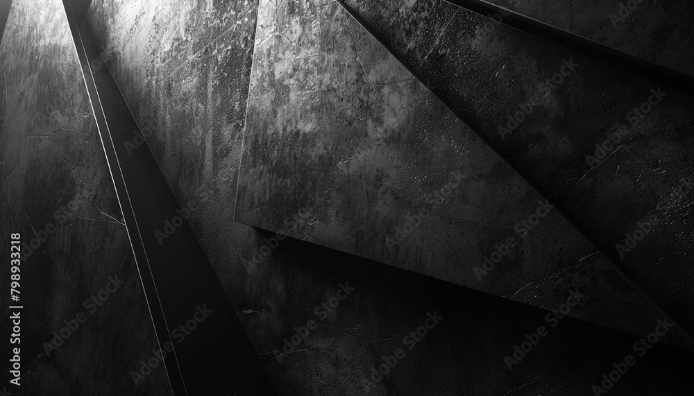 Poster a dark and moody geometric composition with sharp lines and angles, rendered in a highcontrast black