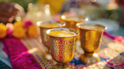 A masala chai in ornate brass cups. The fragrant tea, infused with spices, adds warmth and conviviality to the colorful festivities