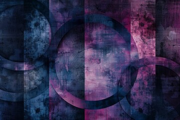 abstract background with geometric shapes like interlocking circles and squares, rendered in a deep blue and purple palette with a heavy grunge texture