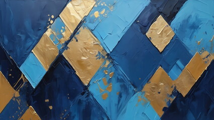 Abstract geometric diamond cut Oil Painting Palette Knife Technique, blue, grey, and gold colors