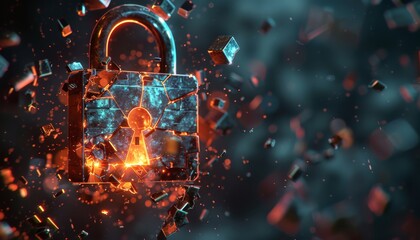 A digital padlock shattering into fragments, revealing a glowing blockchain symbol at its core, signifying the security and immutability of blockchain data 