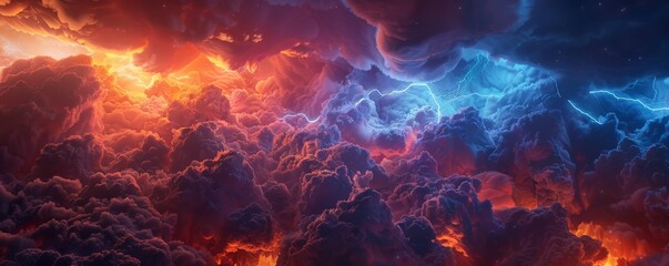 A dramatic abstract scene with dark, stormy clouds of indigo blue rolling across a fiery red horizon, illuminated by flashes of lightning  