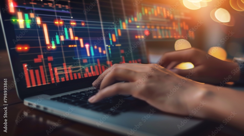 Aufkleber Close-up of hands typing on a laptop with financial graphs and charts displayed on the screen, representing financial analysis.