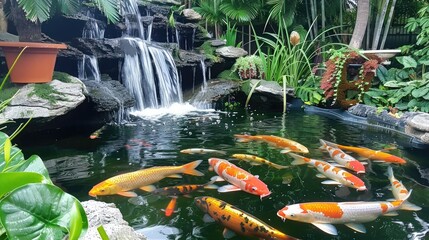 decorative koi pond with cascading waterfalls and vibrant aquatic plants, creating a serene oasis...