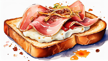 Watercolor painting of toast bread with ham, roasted garlic aioli and onion. Tasty fast food.