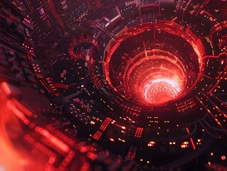 Swirling Vortex of Dystopian Data Center Chaos with Ominous Red Lighting and Techno-Punk Aesthetics