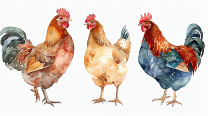 watercolour painting of 3 chickens set collection isolated on white background
