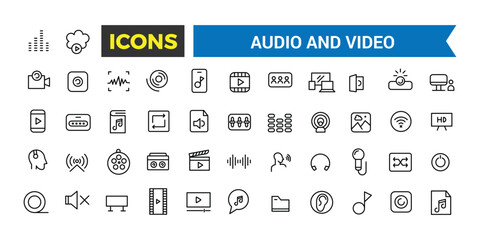 Audio and Video Icons Pack, Thin Line Icons Set, Flat Icon Collection Set, Simple Vector Icons, Vector Illustration