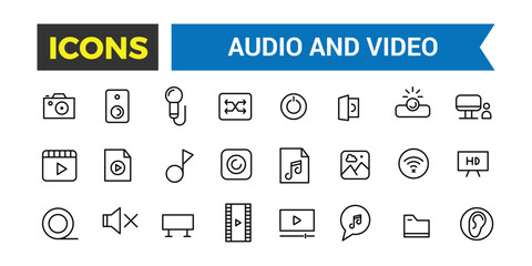 Audio and Video Icons Pack, Thin Line Icons Set, Flat Icon Collection Set, Simple Vector Icons, Vector Illustration