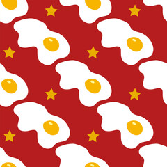 Seamless pattern with tasty fried egg and yellow stars on red background. Vector image.