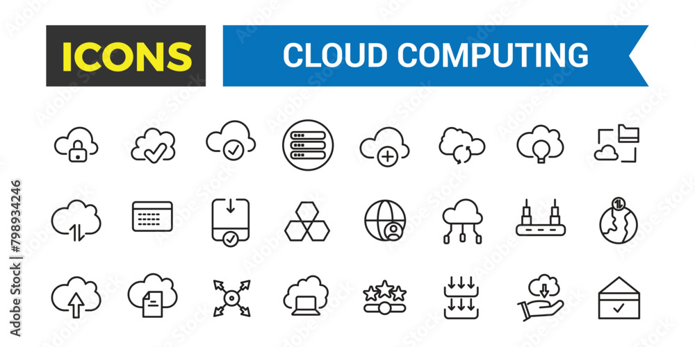 Poster cloud computing thin line icons set, cloud services, server, cyber security, concepts included, outl