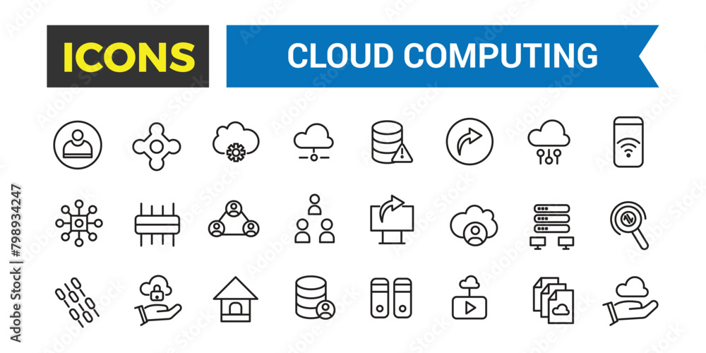 Poster cloud computing thin line icons set, cloud services, server, cyber security, concepts included, outl