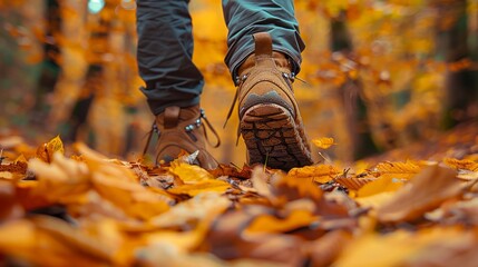 Hiker's boot stepping through amber leaves on forest trail with autumn's whisper