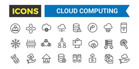 Cloud Computing Thin Line Icons Set, Cloud Services, Server, Cyber Security, Concepts Included, Outline Style Icon Collection, Editable Stroke
