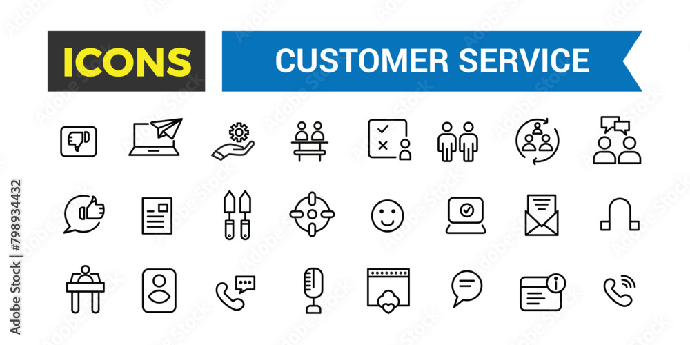 Poster customer service and support, line icon set, outline style icon set contains such icons as satisfact