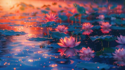 lotus pond reflecting the vibrant colors of the setting sun, creating a stunning and ethereal...