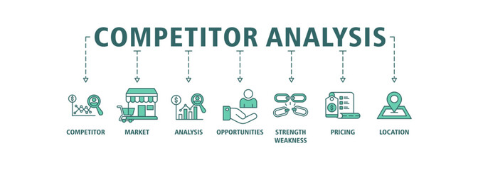 Competitor analysis web icon set vector illustration concept with icon of competitor, market, analysis, opportunities, strength weakness, pricing, location