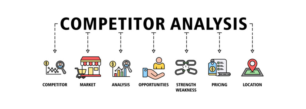 Competitor analysis web icon set vector illustration concept with icon of competitor, market, analysis, opportunities, strength weakness, pricing, location