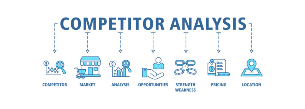Competitor analysis web icon set vector illustration concept with icon of competitor, market, analysis, opportunities, strength weakness, pricing, location