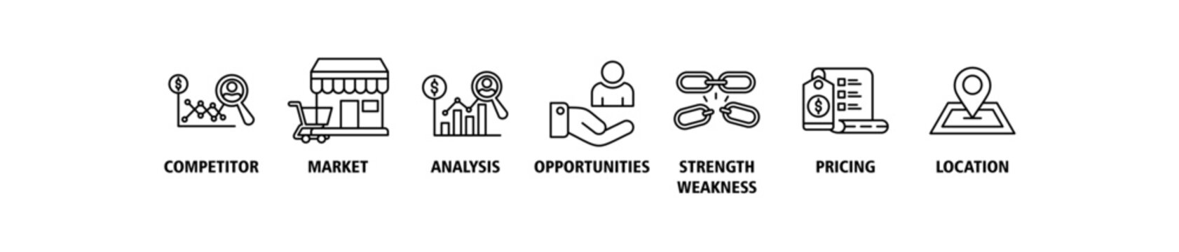Competitor analysis web icon set vector illustration concept with icon of competitor, market, analysis, opportunities, strength weakness, pricing, location