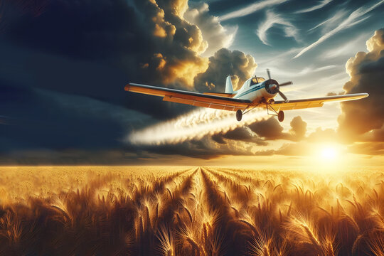 A small aircraft flies across the cloudy sky over the arable land, leaving behind sprayed reagents. The sun is setting, casting a warm glow over the area. The concept of agriculture and farming