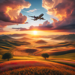 A passenger plane flies in the sunset over sprinkling fields.