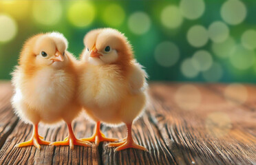 A pair of baby chicks making friends with each other, yellow in colour, close-up