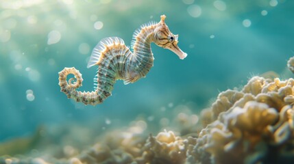 Seahorse gliding through the crystal clear waters of the ocean