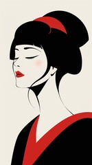 Minimalist portrait of an elegant Japanese Geisha wearing a black and red Kimono on a dark white background. Simple line drawing. Pop art Aesthetics from Japan. Vertical illustration (9:16)