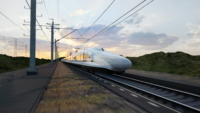 High Speed Fast Train Passenger Locomotive In Motion At The Railway