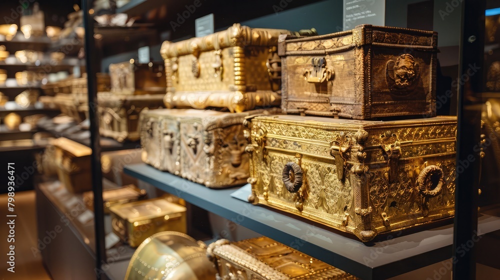 Wall mural stack of antique golden chests in a museum exhibit, showcasing the historical significance and cultu