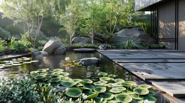 serene Zen garden with a tranquil lotus pond as the focal point, providing a serene and harmonious environment for contemplation and reflection.