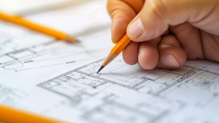 Hands of an architect carefully drawing construction plans and carefully analyzing the layout of the facility