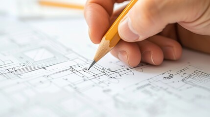 Hands of an architect carefully drawing construction plans and carefully analyzing the layout of the facility