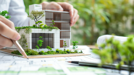 An architect sketching out plans for a new eco-friendly building, focusing on sustainable business practices. Diligence and work, team and trust, profit